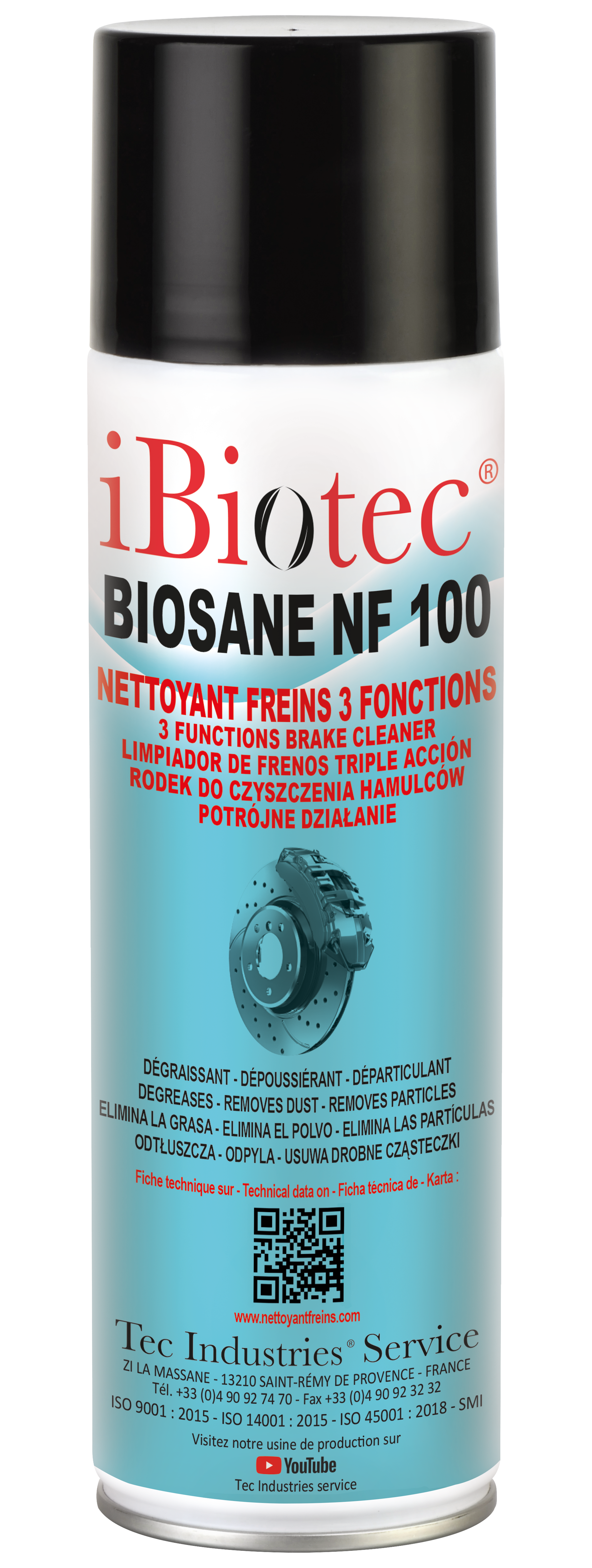IBIOTEC BIOSANE NF 100 aérosol 650 ML nettoyant dépoussiérant frein à haute efficacité. Vitesse d'évaporation ultra rapide. Garanti sans N.hexane neurotoxique, sans acétone, sans solvants chlorés, sans aromatiques. Prévient de l'usure prématurée des plaquettes et disques. Bombe nettoyant frein. Aerosol nettoyant frein. Nettoyant frein pas cher. Nettoyant frein ibiotec. Nettoyant frein en gros. Bombe nettoyant freins